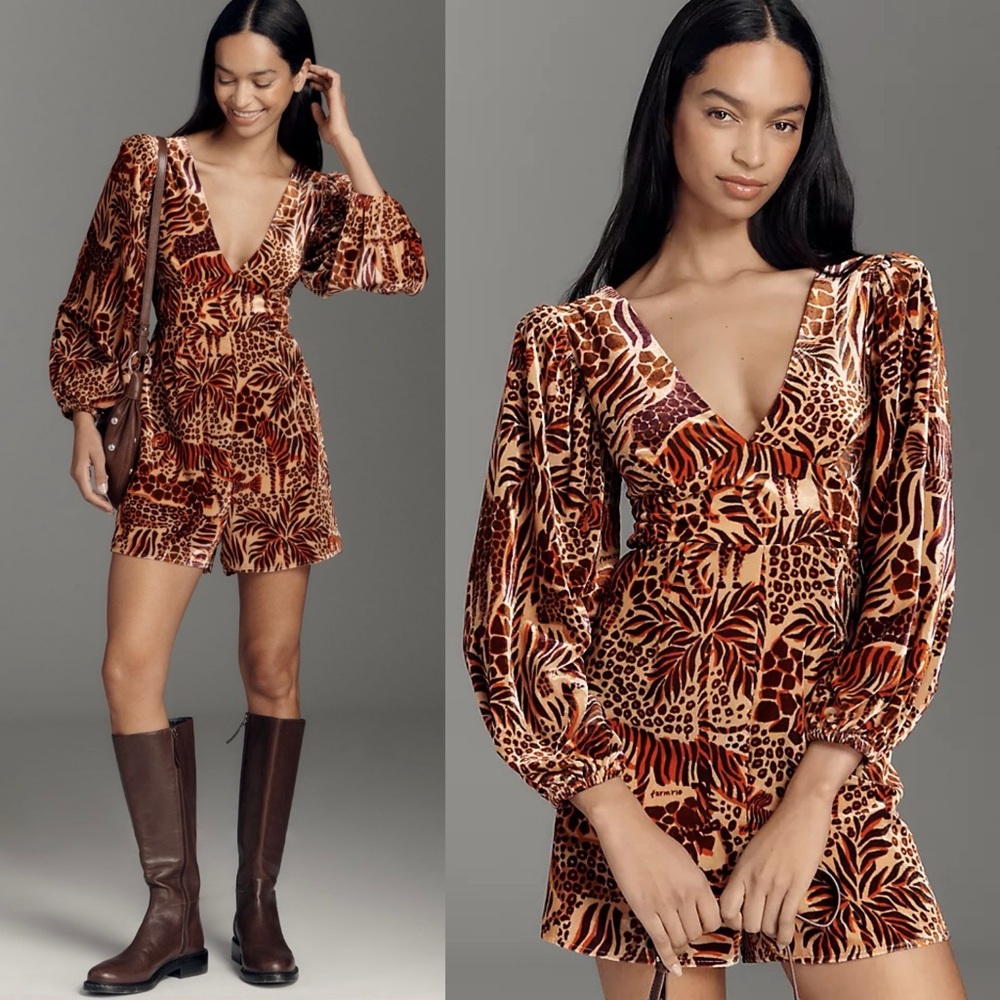 NWT Farm Rio x Anthropologie Long Sleeve V-neck Printed Animals Romper Sz M